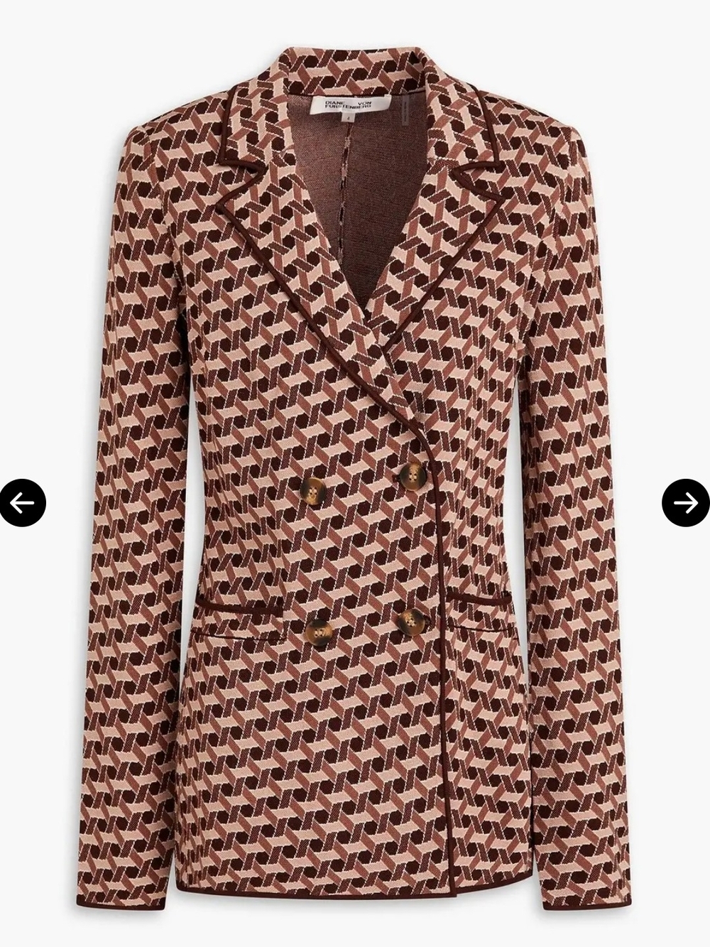Diane Von Furstenberg Brown and Cream Geometric Double-Breasted Blazer